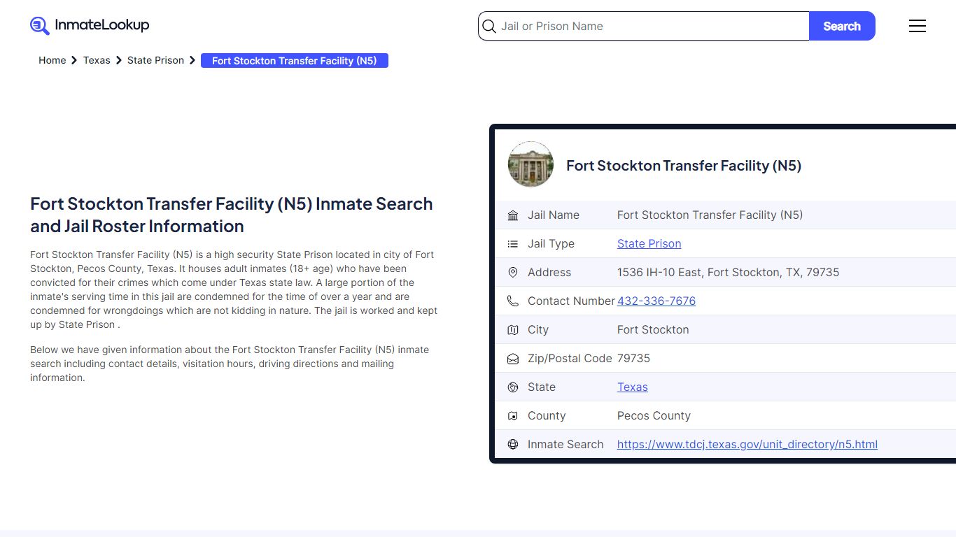Fort Stockton Transfer Facility (N5) Inmate Search, Jail Roster ...